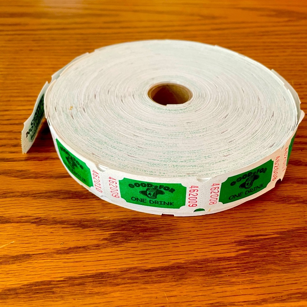 Large Roll of One Free Drink Tickets party Event WHite/Green Vintage